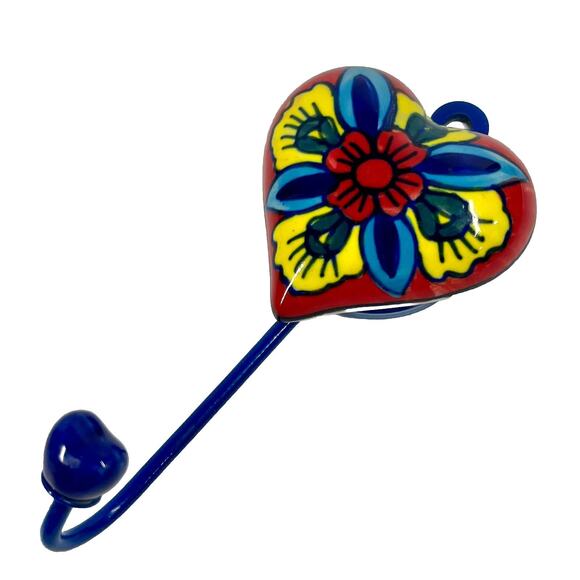 Hand-Painted Ceramic Heart Shaped Wall Hook - Floral Design Boho Home Decor - Picture 2 of 5